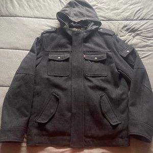 Levi’s Charcoal Military Style  Hooded  Wool Blend Coat